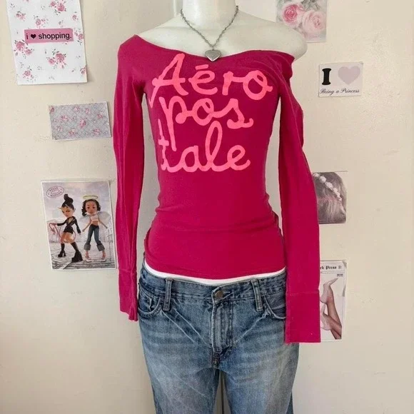Aeropostale Hot Pink Off-The-Shoulder Graphic Tee - Picture 2 of 7